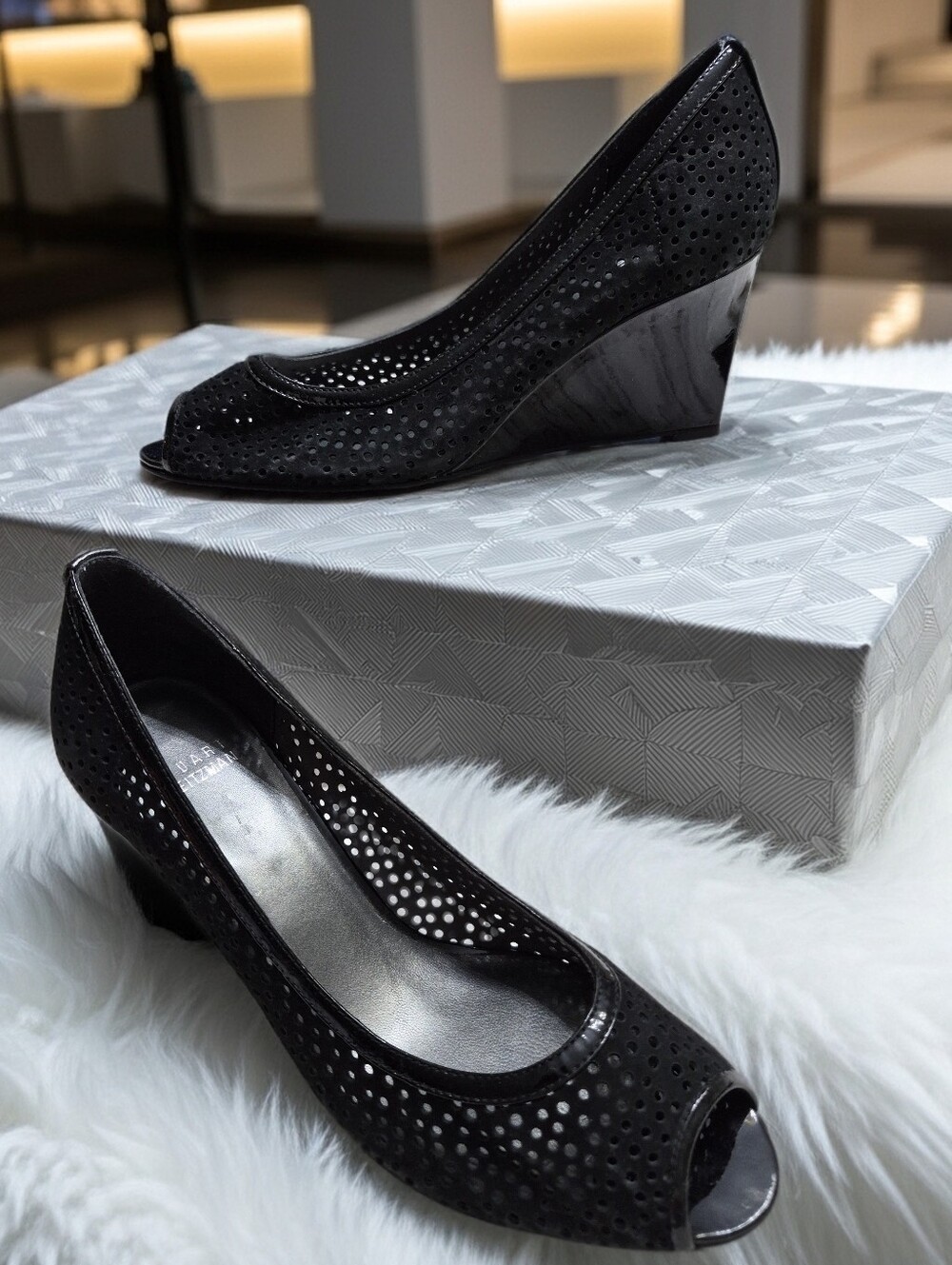 Stuart Weitzman Nudotcomer Black Peep Toe Pumps Wedge Women's Sz 9.5 M $595 - Picture 1 of 9